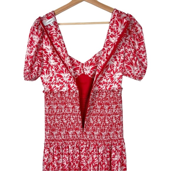 LIKELY AVRA BITTERSWEET & WHITE FLORAL SMOCK WAIST PUFF SLEEVE V NECK MIDI DRESS - Picture 10 of 15